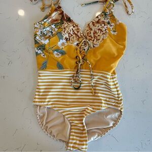 Albion Yellow Floral & Stripe Lace-Up One-Piece Swimsuit